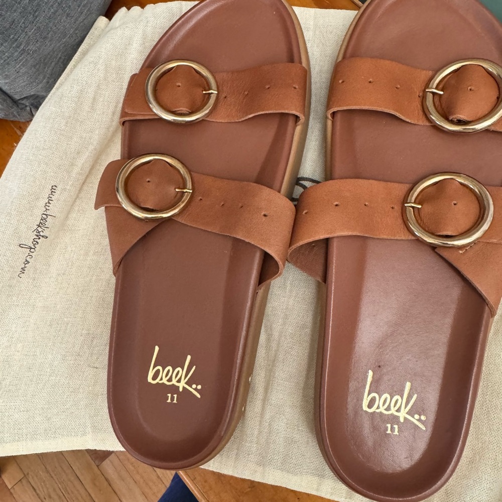 beek Brown Double-Buckle Slide Sandals with Gold Rings